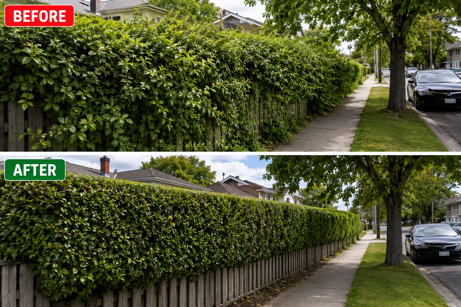 Overgrown hedge reduction before and after Melbourne