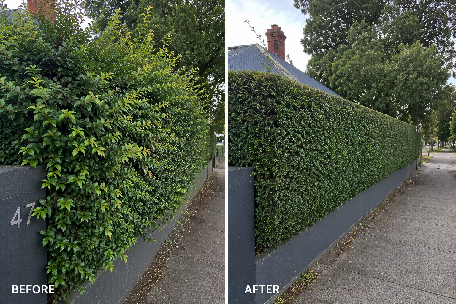 Hedge pruning and shaping before and after Melbourne